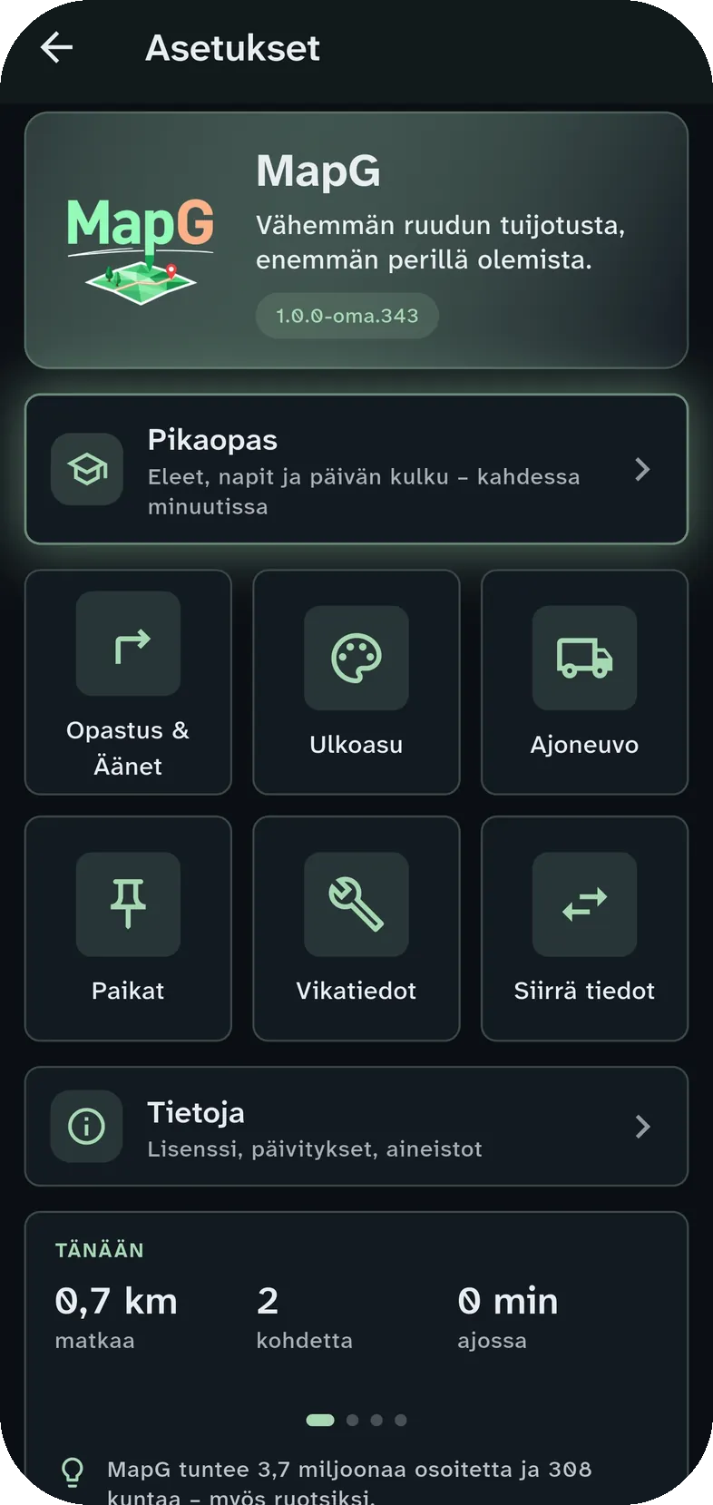 Asetukset: MapG-logo, pikaopas, asetusten ryhmät ja päivän luvut