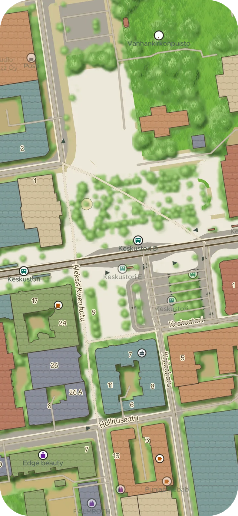 Kuvitus-kartta Tampereen Keskustorilta: piirretyt puut, rakennukset ja kadut