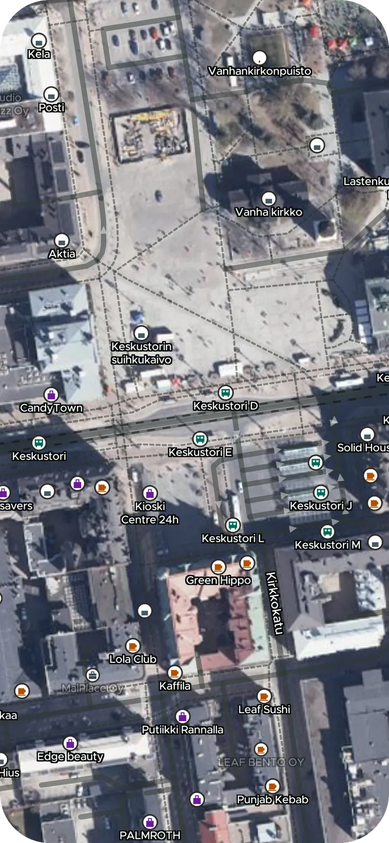 Satelliittikartta Tampereen Keskustorilta paikkojen nimineen